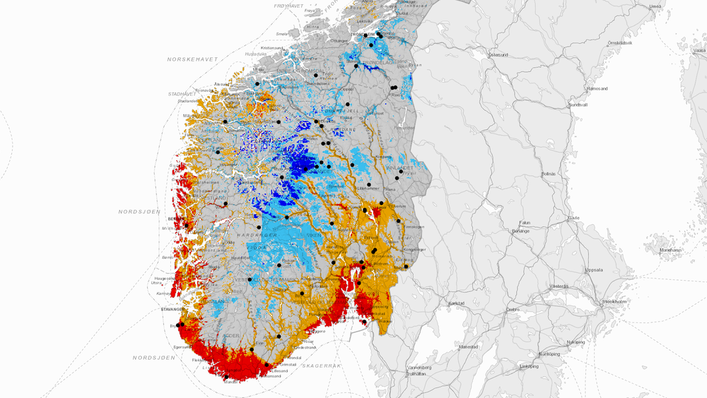 Slik ser grunnvannstanden i Sør-Norge ut torsdag 28. april. Nivåene er særdeles lave langs hele kysten, og i dalene på Østlandet.