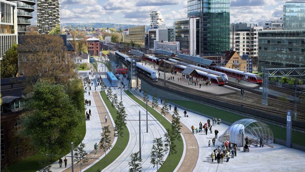Illustrasjonen viser Skøyen stasjon på Fornebubanen. I tilknytning til denne stasjonen ligger Flisekompaniet, en tomt Fornebubanen trenger for å bygge videre på banen.