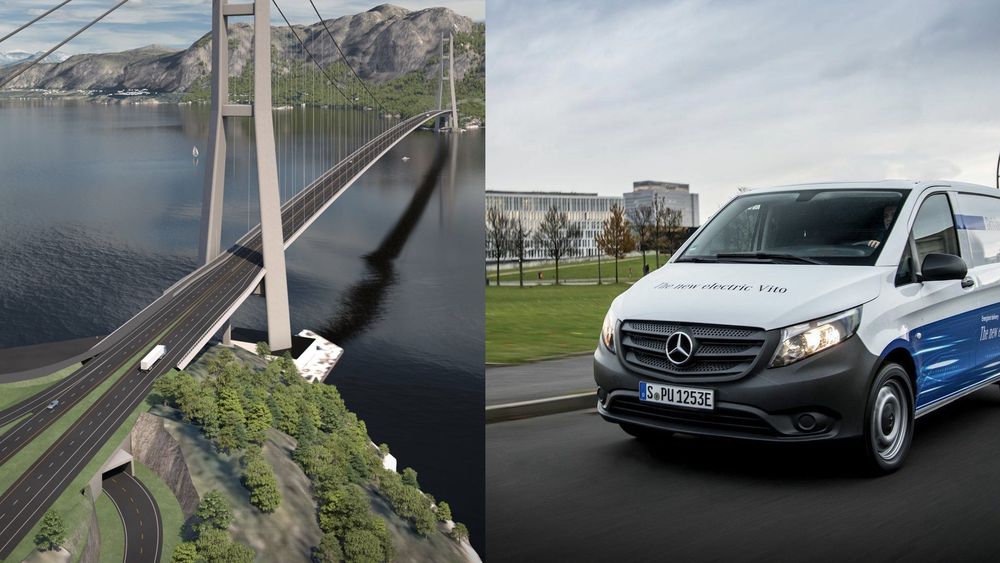 Med revidert nasjonalbudsjett kan bli mindre av det til venstre og mer av det til høyre. T. v. den planlagte kryssingen av E39 Romsdalsfjorden (Møreaksen) over Julsundet, t.h. en elvarebil fra Mercedes-Benz.