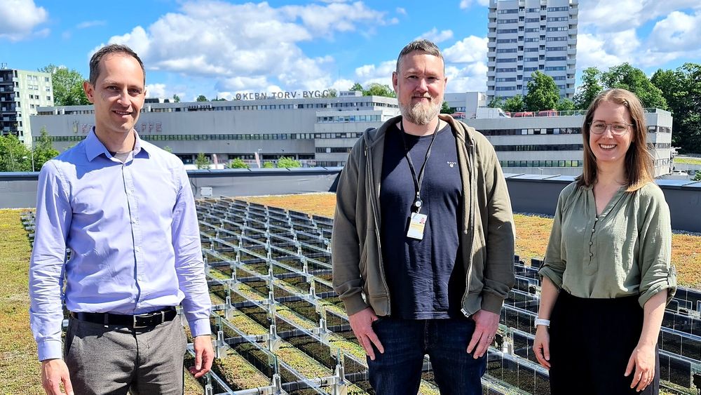 Trygve Mongstad (til venstre) hadde jobbet 15 år med solenergi da han kom på ideen som kan løse konflikten mellom grønne tak og solceller. Det setter Andreas Nilsen og Magnhild Kallhovd i Oslobygg pris på.