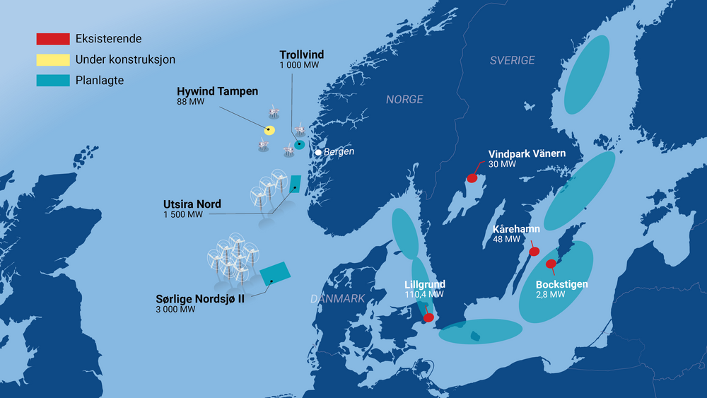 Sverige har allerede fire mindre havvindparker i drift. I Norge er Equinor i gang med byggingen av innovasjonsprosjektet Hywind Tampen. men hvem blir først med havvind i stor skala?  