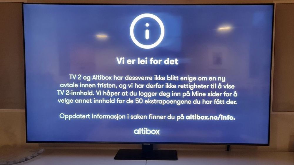 Altibox og TV 2 er tilbake ved forhandlingsbordet etter at dette skjermbildet har vært det seerne har blitt møtt med de siste 137 dagene om de har prøvd å finne TV 2s progtrammer.