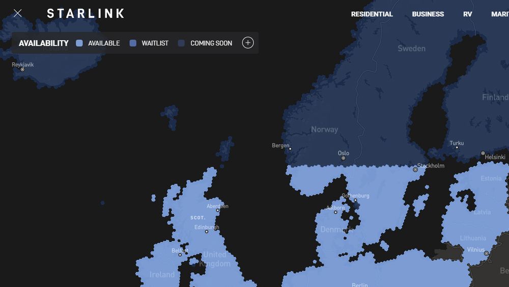 Dekningsområdet til Starlink i slutten av august 2022. Det sørligste av Norge er nå med.