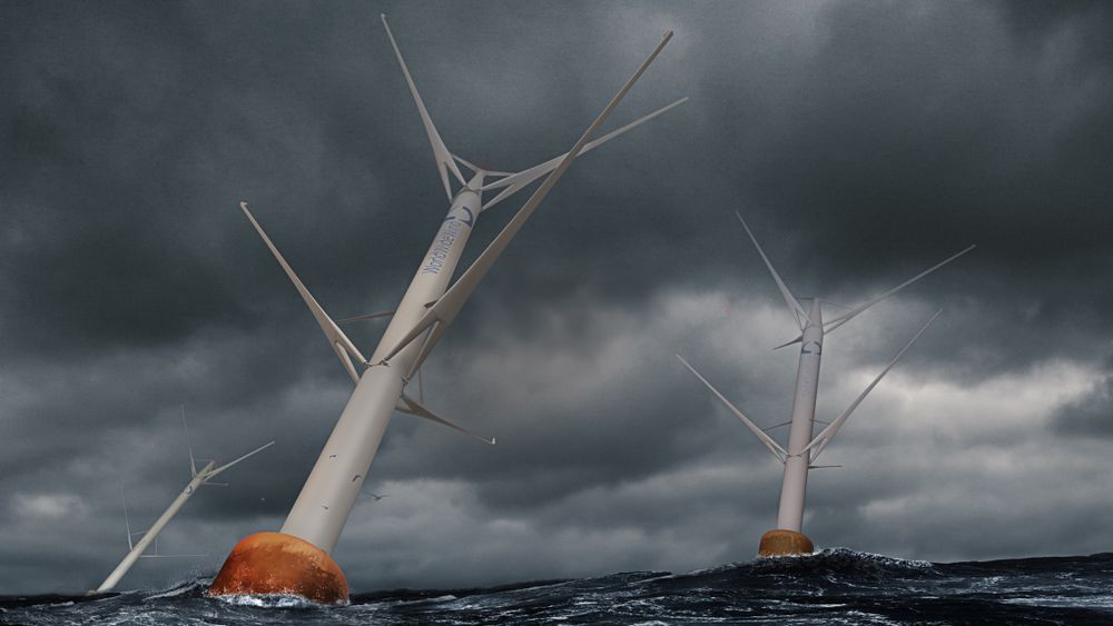 De flytende turbinene, som her krenger med vinden, kan installeres nærmere hverandre i havet enn de tradisjonelle, med tre rotorblader som roterer rundt en horisontal akse. 