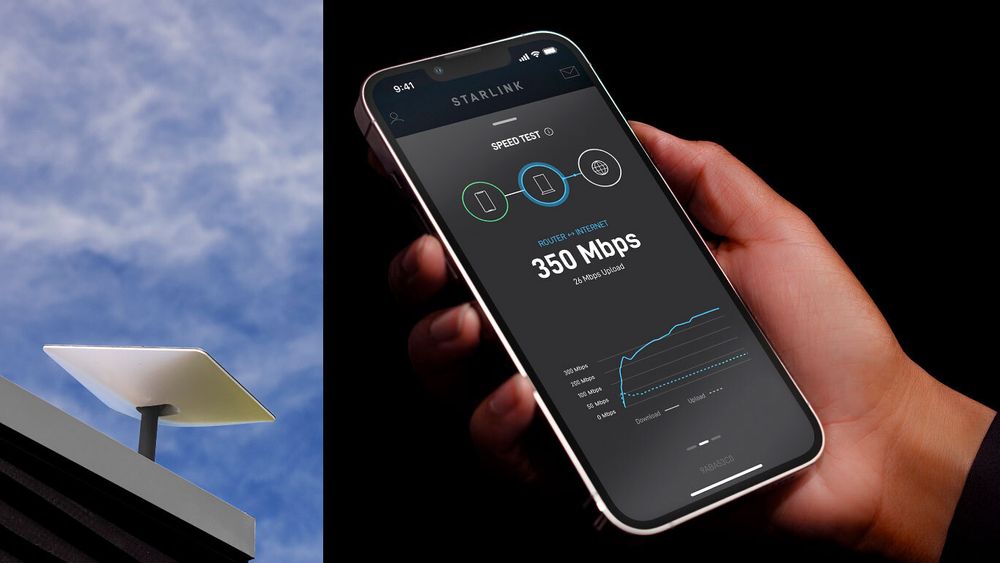 Starlink-antenne og mobiltelefon.