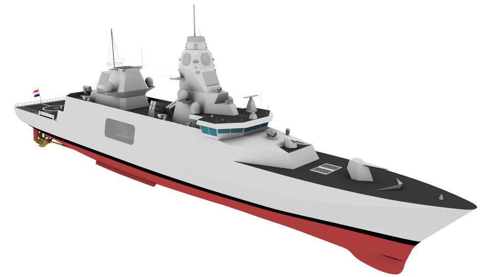 En illustrasjon av den kommende ASWF-fregatten publisert av det nederlandske forsvarsdepartementet i 2021. Planen er at Nederland og Belgia skal ha to fartøyer hver. Fregatten er i ferd med å redesignes og skal blant annet bli noe større.