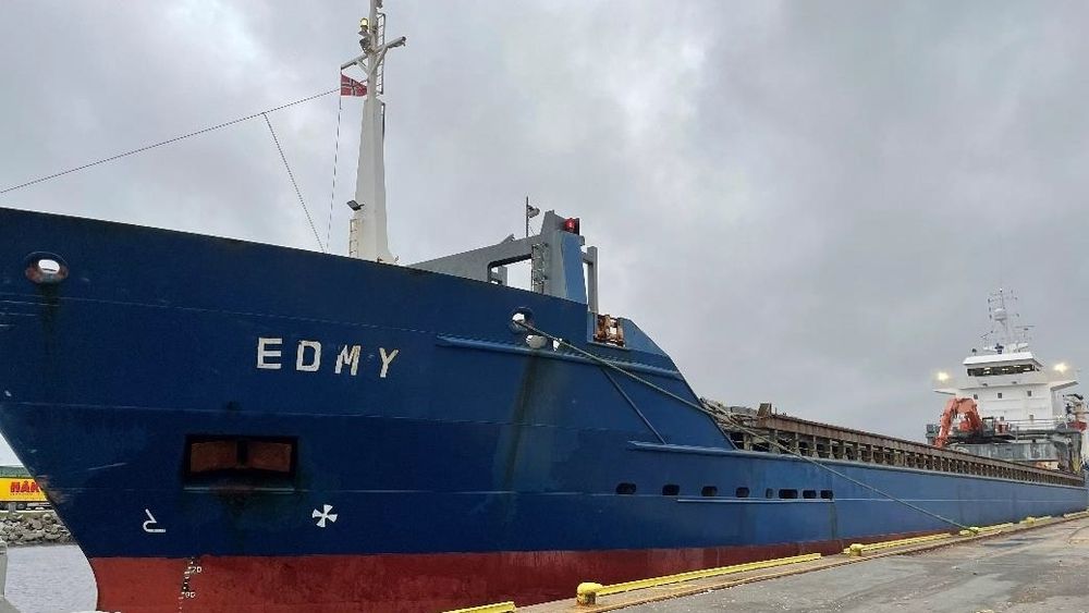 Bulkskipet MS Edmy er 118 meter langt. Da det kolliderte med et fiskefartøy, var det på vei fra Larvik til København.