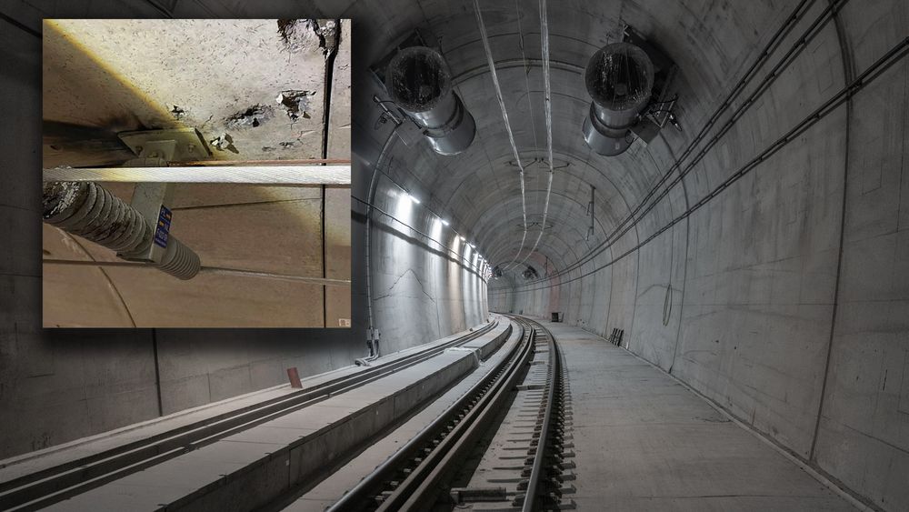 Follobanen med Blixtunnelen. Utklippet bilde er av isolatoren som hadde flere overslag som ifølge Bane Nor utløste varmgangen som gjorde at Follobanen måtte stenges ned.