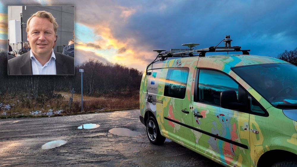 Jon Christian Hillestad, leder for bedriftsmarkedet i Telia Norge, sier de er svært stolte over å kunne være en del av prosjektet og bidra med sin 5G-kunnskap og det nye og raske mobilnettet. Her innfelt i et bilde av en av Kartverkets biler.
