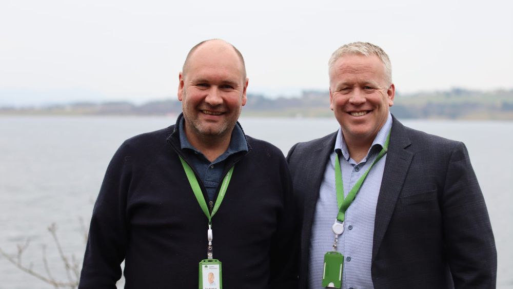 Fra venstre: Avtroppende Green Mountain-sjef Tor Kristian Gyland og ny administrerende direktør Svein Atle Hagaseth.
