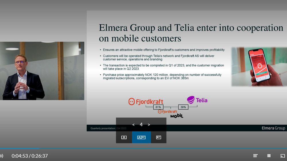 Rolf Barmen, konsernsjef i Elmera presenterer resultatene for fjerde kvartal. Her ser vi det han presenterte om Telia-handelen.