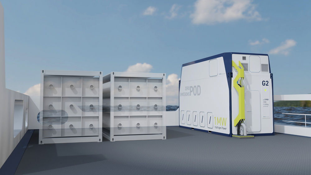 Containeren til høyre, kalt Zero Emission Pod, inneholder et komplett system med brenselceller (fra 200 kW til maks 1 MW) samt ventilasjon, kjøling, sikkerhetssystemer, kontrollsystem, DC/DC-drives, drivstoffdistribusjonssystem og andre tekniske installasjoner. Containerne til venstre inneholder beholdere for trykksatt hydrogen.
