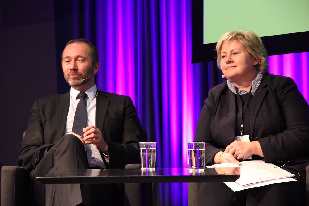 ENIGE OG UENIGE: Næringsminister Trond Giske og Høyre-leder Erna Solberg var enige om behovet for flere ingeniører, men uenige om hvor godt det går for norsk næringsliv.  