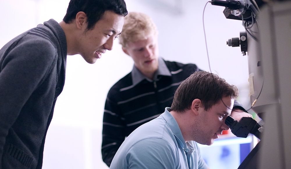 DOKTORARBEID: Japanske Takeshi Saito (til venstre) og norske Sigurd Wenner (i bakgrunnen) tar sine doktorgrader gjennom det bilaterale prosjektet. Masterstudent Jason Granholt sitter og ser inn i mikroskopet.