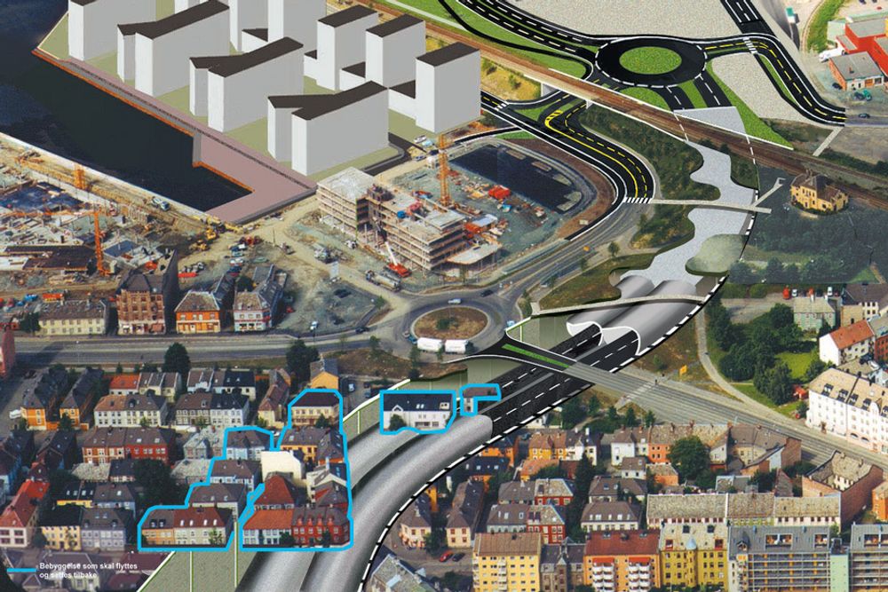 PLANEN: Prosjektledelsen håper noen skal finne en løsning som gjør at husene på Møllenberg (markert i blått) ikke må flyttes.