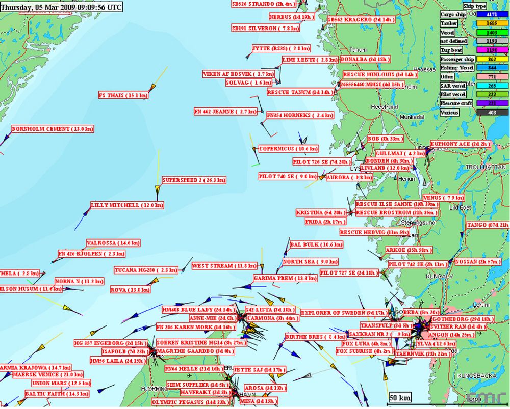 TETT: Alle skip følges i sanntid utenfor kysten av Skagerrak i dette antikollisjonssystemet AIS.