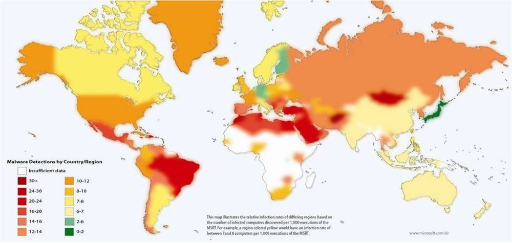 VARMEKART:Microsofts Heatmap viser hvordan infiserte PC-er er fordelt på ulike land.