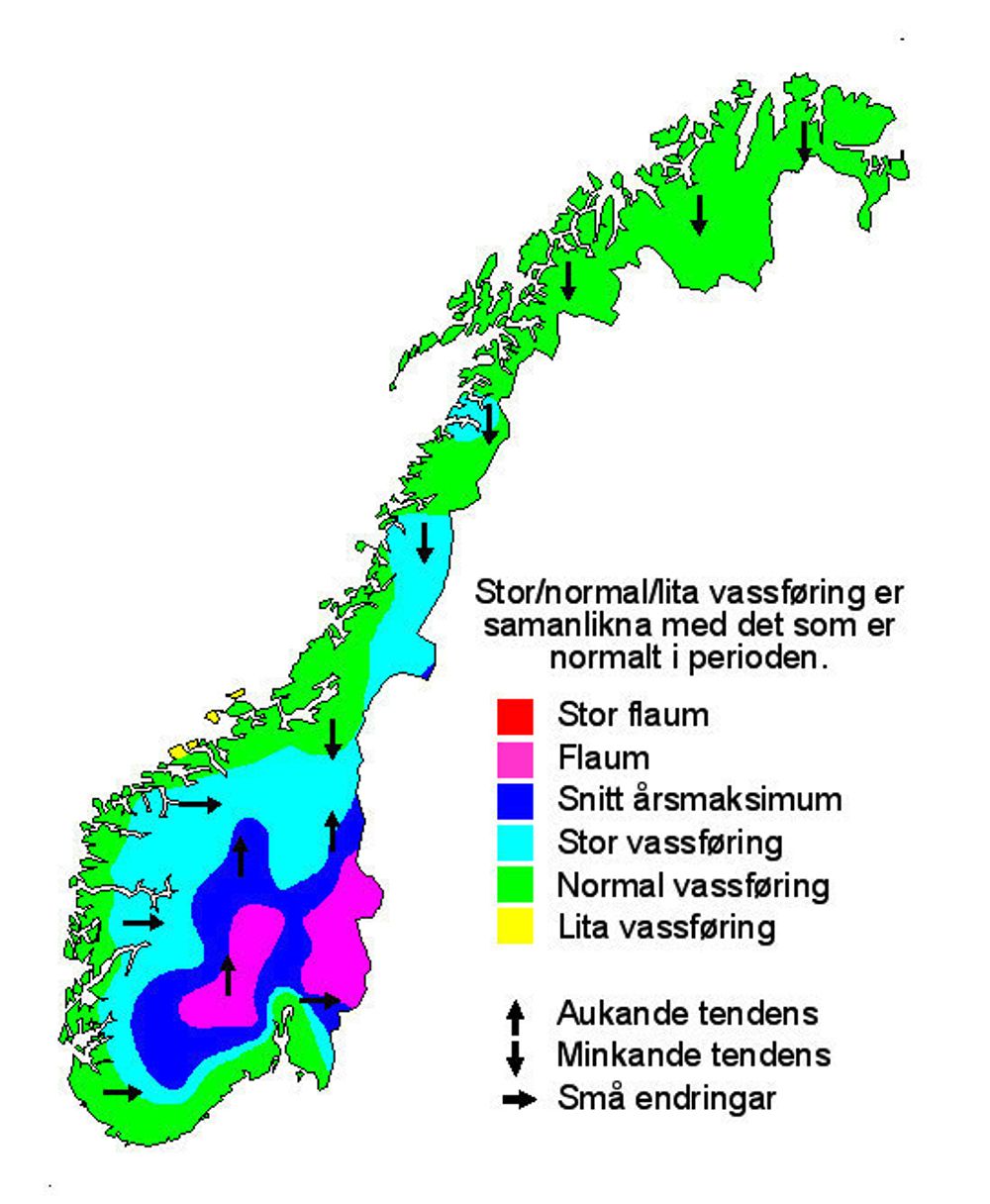 PROGNOSE: Kartet viser NVEs prognose for vannføring for 10. - 14. mai.