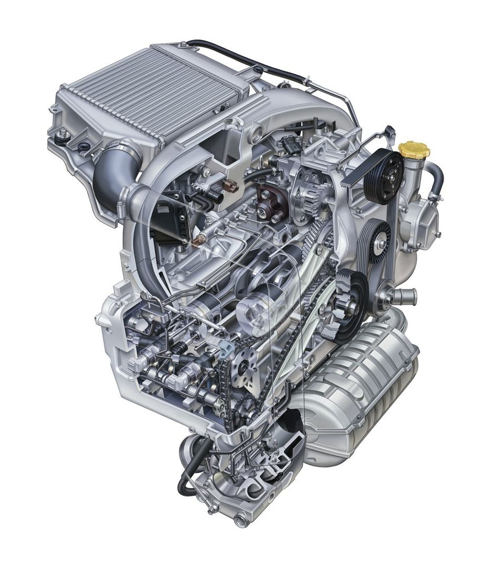 BOXER DIESEL: Subarus nye dieselmotor er en lett boxer som er bygget helt i alumium til tross for høye arbeidstrykk, boring/slag 86 millimeter, ytelse 150 hk/350 Nm. Motoren har en variabel turbo (styrte innløpsskovler) som gir god fylling alt ved lave turtall.