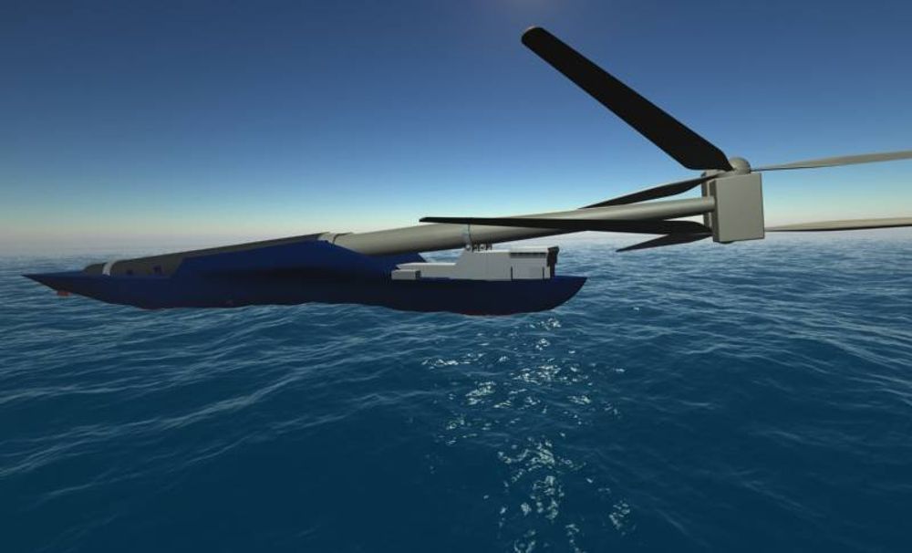 TURBINTRANSPORT: Slik ser WindFlip ut under transport av vindturbiner. Formålet er å forenkle frakt og installering av gigantiske offshore vindturbiner i vindparker lang ute til havs.