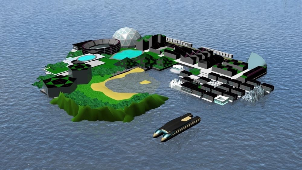KUNSTIG ØY: Chelonia er bygget opp på en stor flåte av betong. Alle flater er dekket med solceller for å hente ut energi.