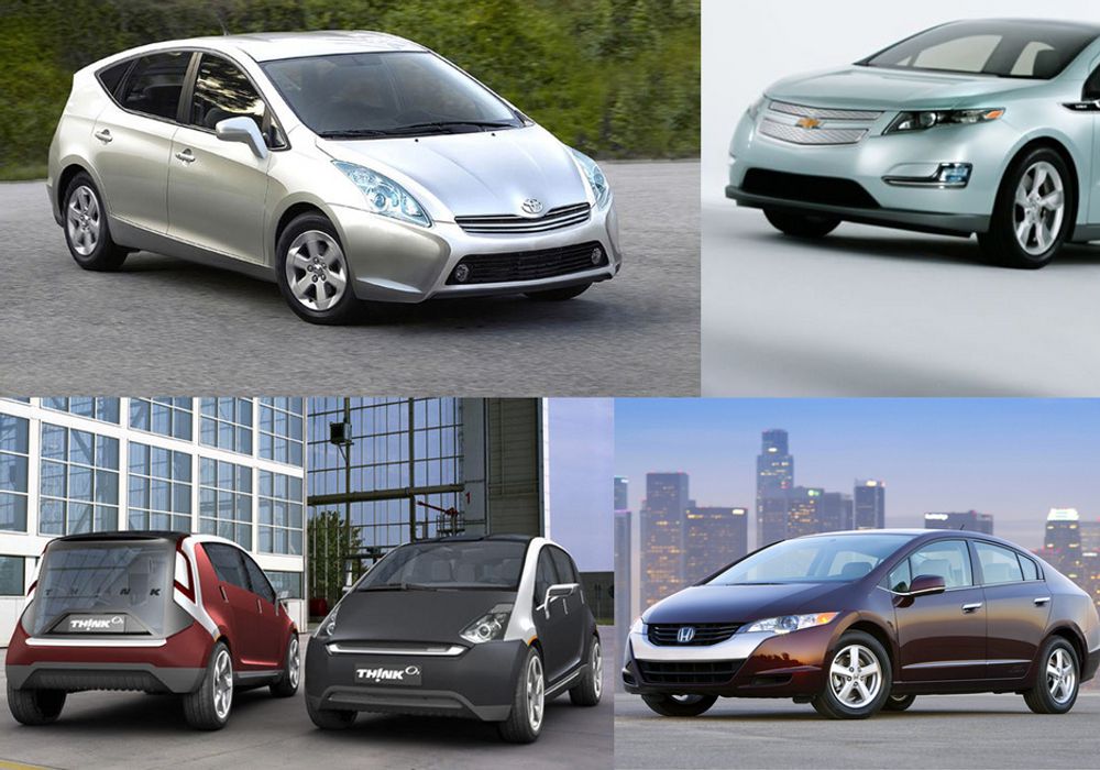 Elbiler, hybridbiler, plug-in-hybrider, hydrogenbiler, Think Ox (nederst til venstre), nye Toyota Prius (øverst til venstre), Chevrolet Volt (øverst til høyre) og Honda FCX (nederst til høyre).