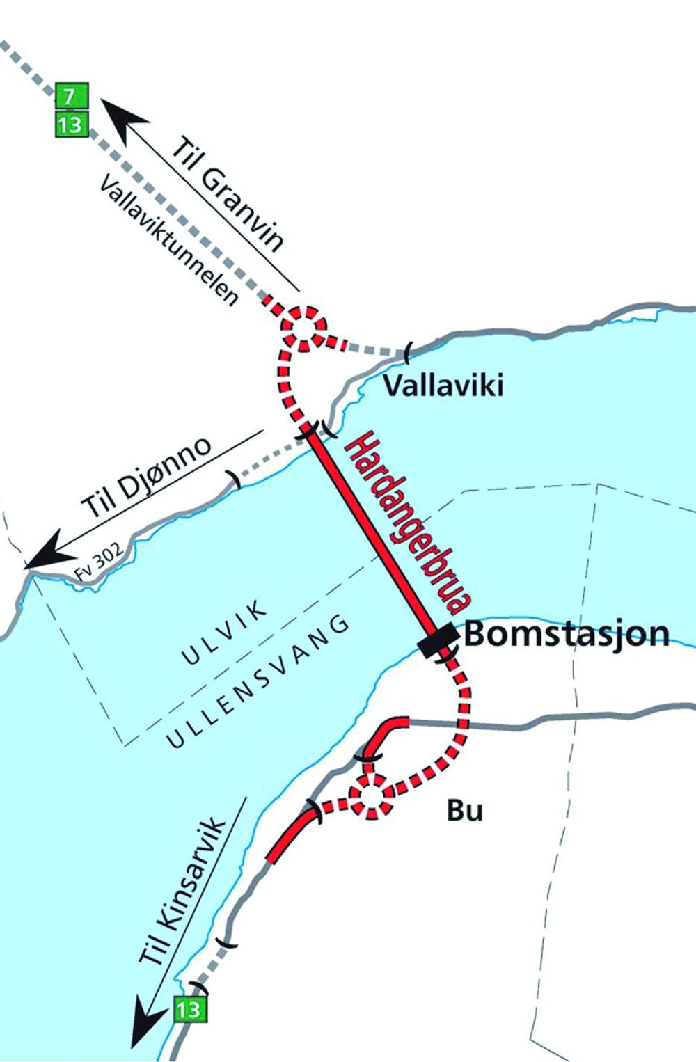 DETALJKART: Her er et detaljkart som viser hvor brua skal krysse fjorden. Merk at bomstasjonene kommer på Bu-siden av brua. De stiplete linjene markerer tunnel.