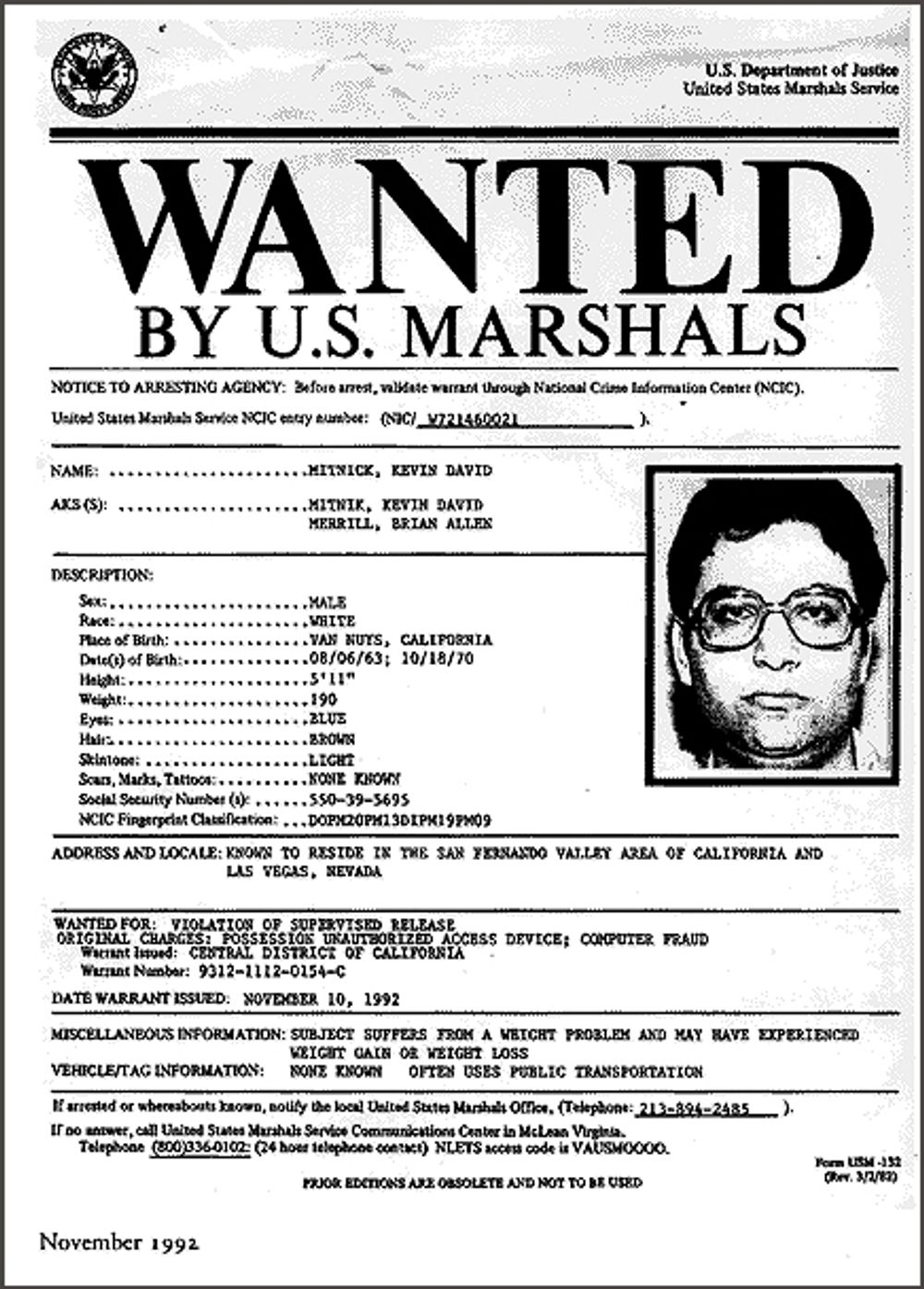 ETTERSØKT: Plakaten som gjorde Kevin Mitnick til en hackerlegende. FBI kaller han fortsatt for "The most wanted computer criminal in United States".