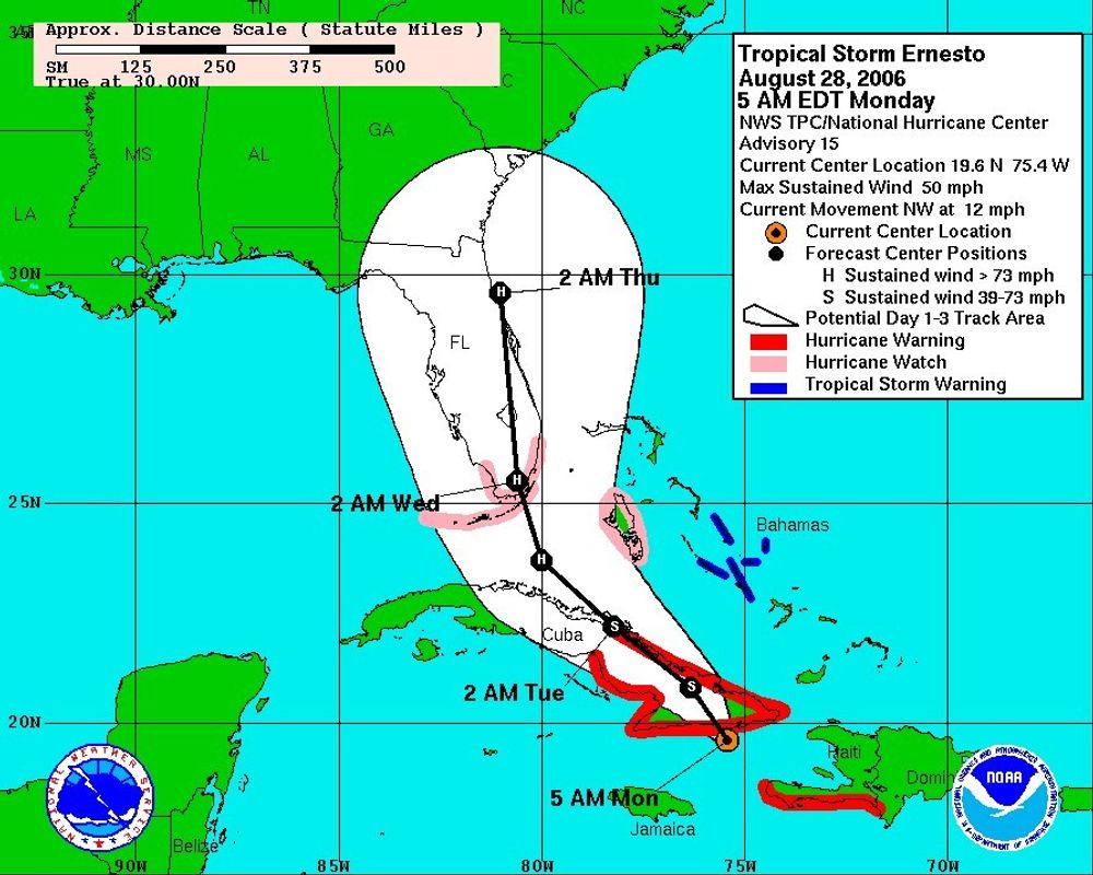 3-DAGERSVARSEL: Illustrasjonen viser hvordan national Hurricane center tor Ernesto kommer til å utvikle seg. De røde områden viser hvor det sendes ut orkanvarsel, det vil si at det er svært sannsynlig at orkanen rammer. Rosa betyr: Stor mulighet for orkan. Blå betyr varsel om tropisk storm (vind under 73 mp/h=117 km/t). Gul: Mulighet for torpisk storm. Oransje sirkel indikerer syklonsenter. Senteret i stormen/orkanens bane e merket med svart strek og S og H indikerer styrke - dvs. S betyr storm og H betyr orkan.