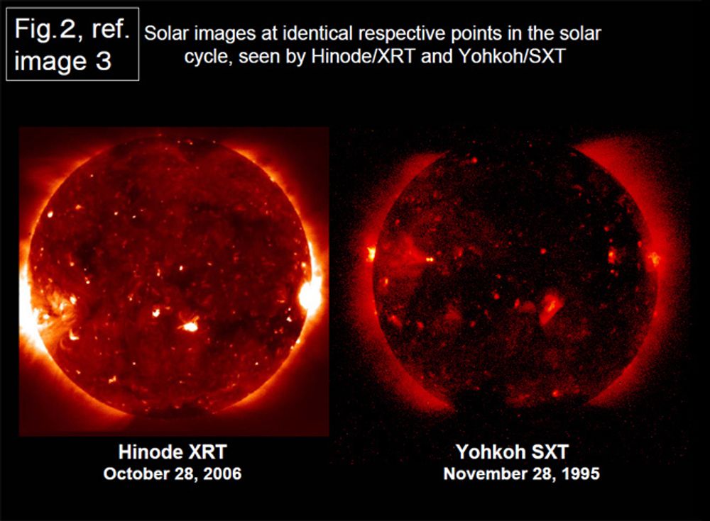 Sammenligning av bilder tatt av sola i 1995 og for få dager siden viser hvor god kvalitet Hinodes teleskop (t.v.) har.