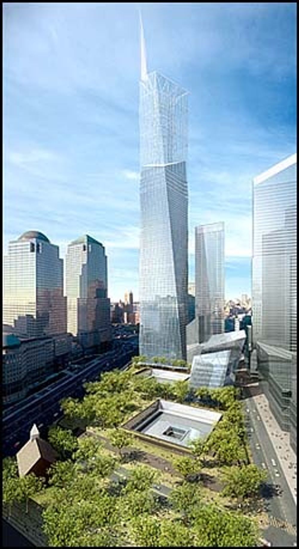 Freedom Tower og minneparken for World Trade Center vil bli seende ut. Foran til høyre for Freedom Tower har arkitektene plassert to moduler, som gir inntrykk av bygningene som norske Snøhetta skal utforme.