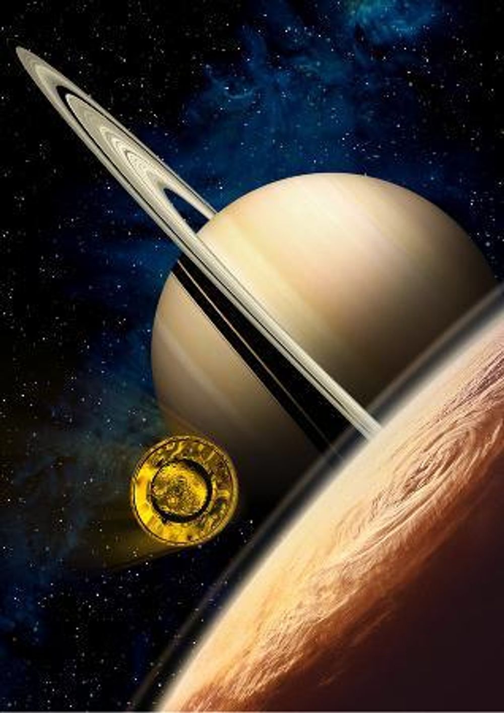 Huygens på vei mot Titan 	
Bildetekst	Illustrasjon av Huygens-sonden på vei ned mot Titans atmosfære i en fart av 22 000 kilometer i timen. Ill: ESA/D. Ducros