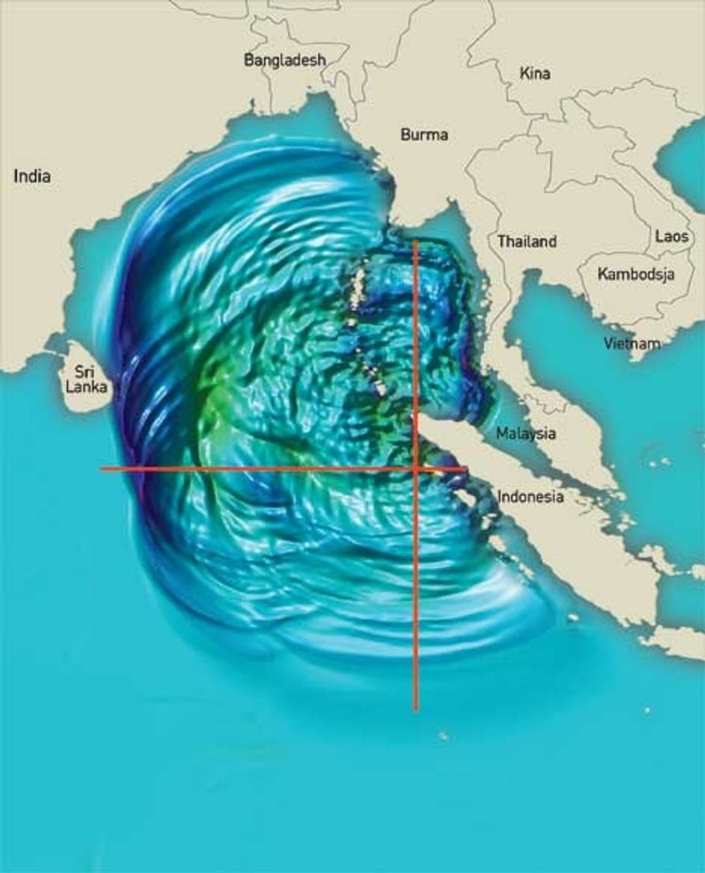 Jordskjelvet vest for Sumatra i Indonesia satte enorme vannmasser i bevegelse. På vei mot India passerte bølgen havdyp på 4000 meter. Hastigheten på vannmassen/bølgen kom op i 700 kilometer i timen. ILL: ICG/Heidi Bredesen