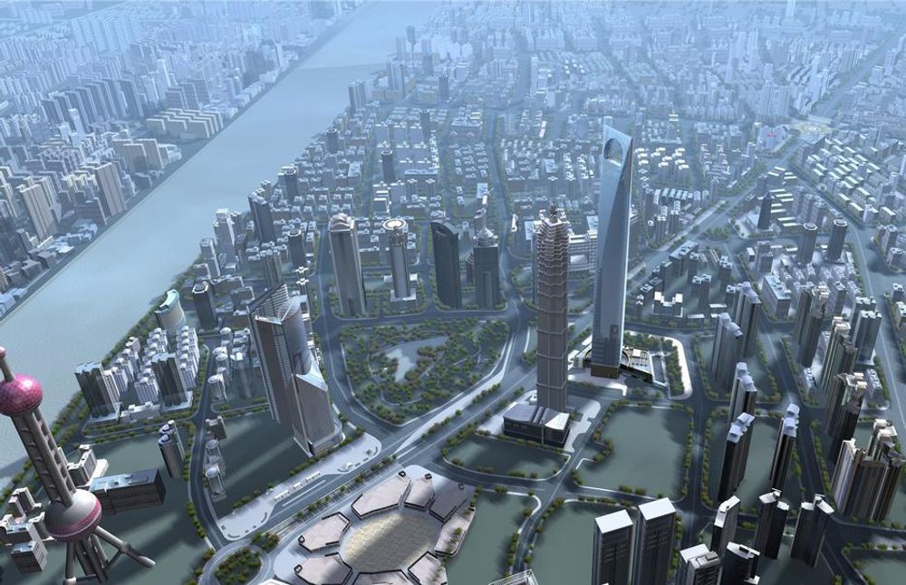 SHANGHAI WORLD FINANCIAL CENTER: Bygget med det lille hullet i toppen skal stå ferdig i 2007 og vil være på 492 meter. Publikum vil få en egen plattform i dette kikkehullet.