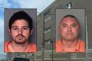 Justin Wynn (fra v.) og kollega Gary Demercurio ble onsdag arrestert for innbrudd i domstolen, mens de var på betalt oppdrag for å bryte seg inn. Bilde av Dallas County Jail i bakgrunnen.