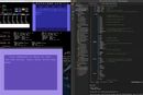 Her har vi satt opp et utviklingsmiljø for 6510-programmering for Commodore 64 på en Mac. Vi bruker KickAss-tillegget til VS Code, en Vice Commodore 64-emulator (nederst til venstre), samt 64 debugger (øverst til venstre).