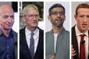 Toppsjefene Jeff Bezos fra Amazon, Tim Cook fra Apple, Sundar Pichai fra Google og Alphabet og Mark Zuckerberg fra Facebook. I sommer avga de forklaringer under en kongresshøring om selskapenes markedsposisjon.