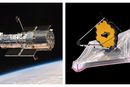 Kombinasjonsfoto fra Nasa som viser Hubble-teleskopet i bane rundt jorda (til venstre), og en illustrasjon av James Webb-romteleskopet til høyre.