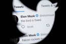Bilde av Elon Musk tvitring med teksten «The bird is feed», sett gjennom en Twitter-logo.
