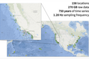 Kart over plasseringen av de 150 bøyene utenfor USAs kyst som døgnet rundt har samlet inn bølgedata.