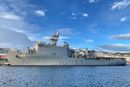 USS Gunston Hall ligger for tiden til kai i Harstad. Det amerikanske marinefartøyet deltar i Nato-øvelsen Steadfast Defender 2024. 