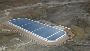 Konseptskisse av Teslas Gigafactory sett fra luften. Hele toppen skal dekkes av solcellepaneler. <i>Foto: Tesla</i>