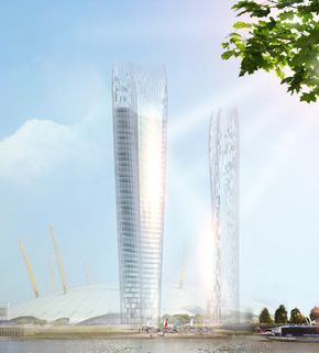 60 prosent Skyskraperne er foreslått plassert ved O2 Arena i Greenwich utenfor London.