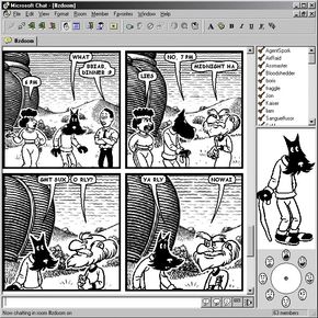 Nyvinning: Microsoft Chat brukte utnyttet IRC-protokollen til et tegneseriebasert chatteprogram som avbildet tegneseriefigurer framfor ren tekst.