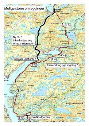 Vil bedre beredskapenKartet illustrerer en mulig omlegging av E6 i Sørfold som kam minske antallet tunneler langs veien.
