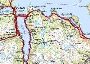 Tresfjordbrua er markert øverst til venstre, Vågstrandtunnelen er den stiplete røde linjen lengst til høyre. <i>Ill.: Statens vegvesen</i>