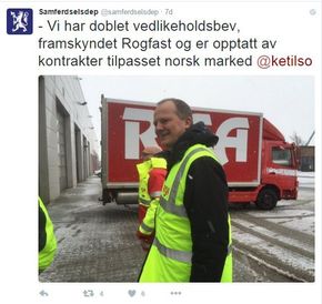 Forrige uke twitret Samferdselsdepartementet at Ketil Solvik-Olsen ønsket å tilpasse anleggskontrakter til det norske markedet. <i>Foto: Samferdselsdepartementet/Twitter</i>