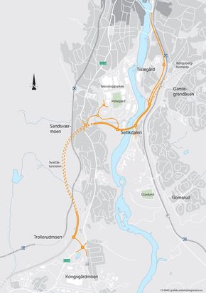 Dette kartet viser delstrekning Myntbrua-Trollerudmoen.