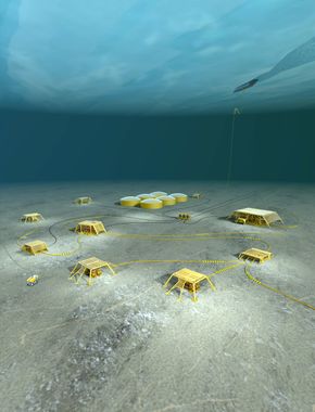 Subsea-system: Illustrasjonen viser et Subsea Storage-system slik det er tenkt å ligge på havbunnen med seks enheter. Spesielt i Barentshavet vil dette være effektivt. <i>Foto: Statoil</i>