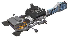 Dette er så mye i detalj Koenigsegg vil gå med å vise hvordan den girløse teknologien med hydraulisk slurekløtsj fungerer. De væskekjølte batteriene (høyre) på 9 kWh ligger i midten av bilen, fra midtkonsollen og framover. Kreftene overføres bare til bakakselen (venstre). <i>Foto: Koenigsegg</i>